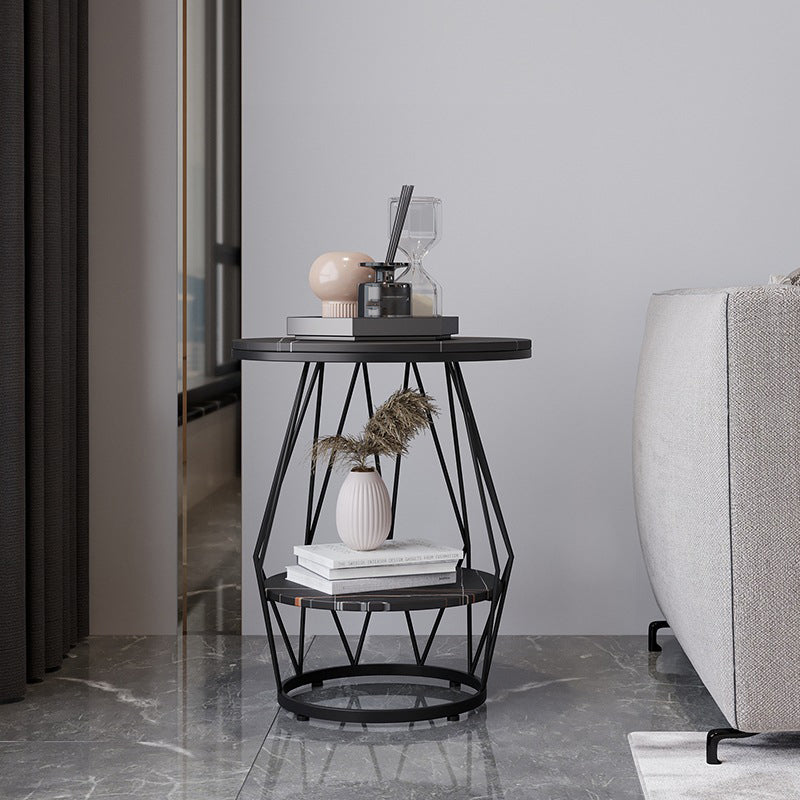 Frame Round Stone Side Table 19.7" W x 19.7" D x 23.6" H End Table with Storage Shelf