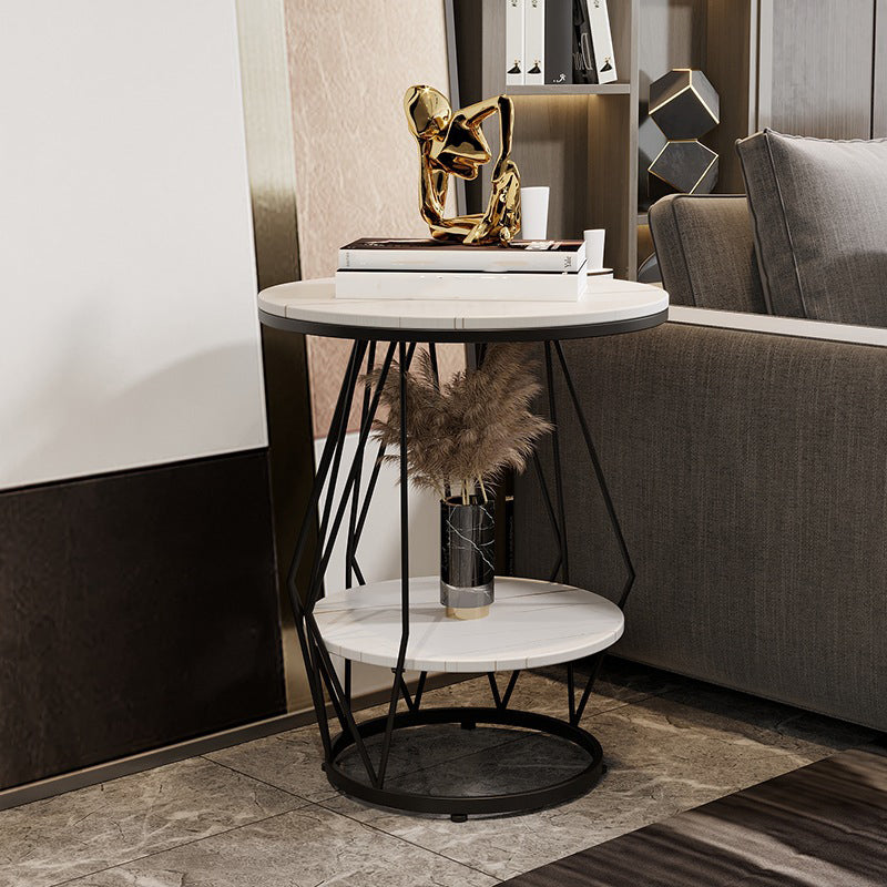 Frame Round Stone Side Table 19.7" W x 19.7" D x 23.6" H End Table with Storage Shelf
