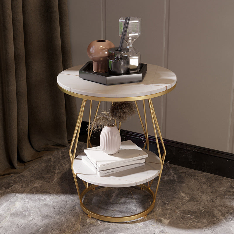 Frame Round Stone Side Table 19.7" W x 19.7" D x 23.6" H End Table with Storage Shelf