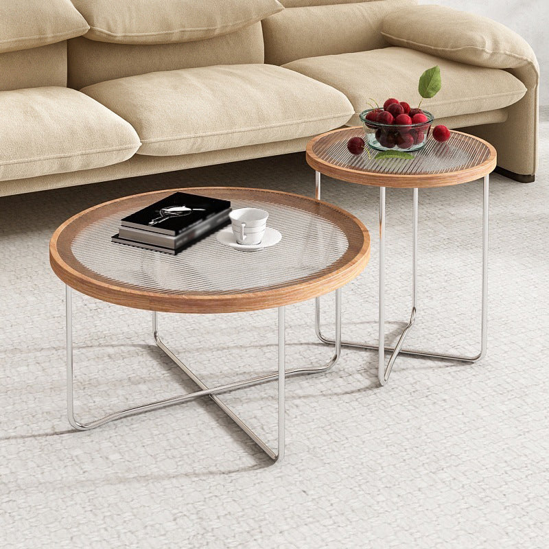 Cross Legs Base Design Cocktail Table Glass Desktop Round Coffee Table with Metal Base