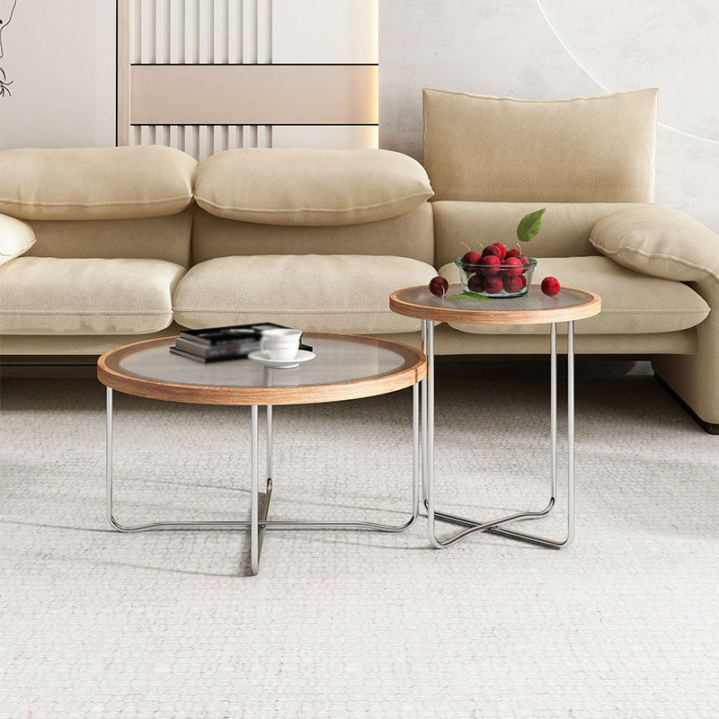 Cross Legs Base Design Cocktail Table Glass Desktop Round Coffee Table with Metal Base