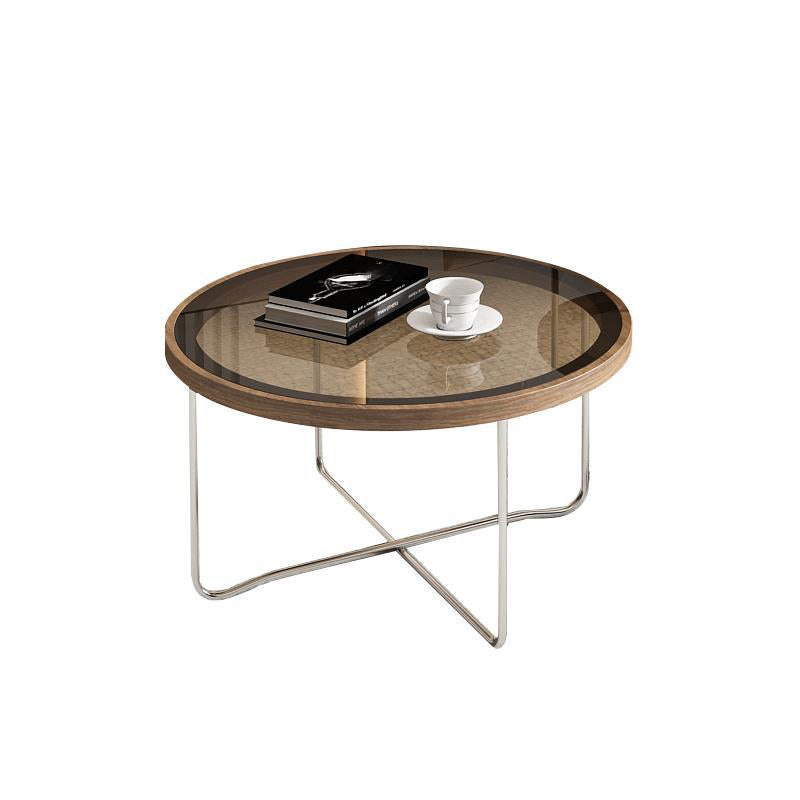 Cross Legs Base Design Cocktail Table Glass Desktop Round Coffee Table with Metal Base