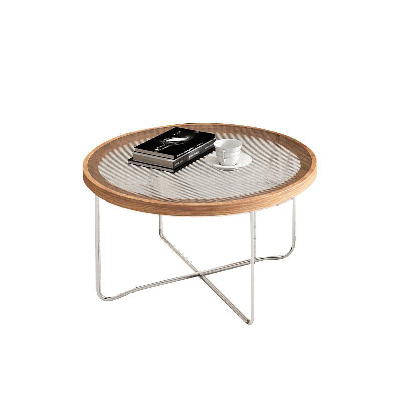Cross Legs Base Design Cocktail Table Glass Desktop Round Coffee Table with Metal Base