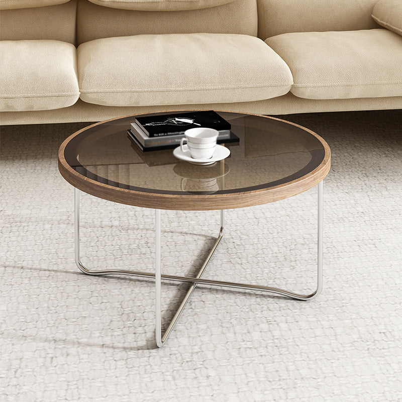 Cross Legs Base Design Cocktail Table Glass Desktop Round Coffee Table with Metal Base