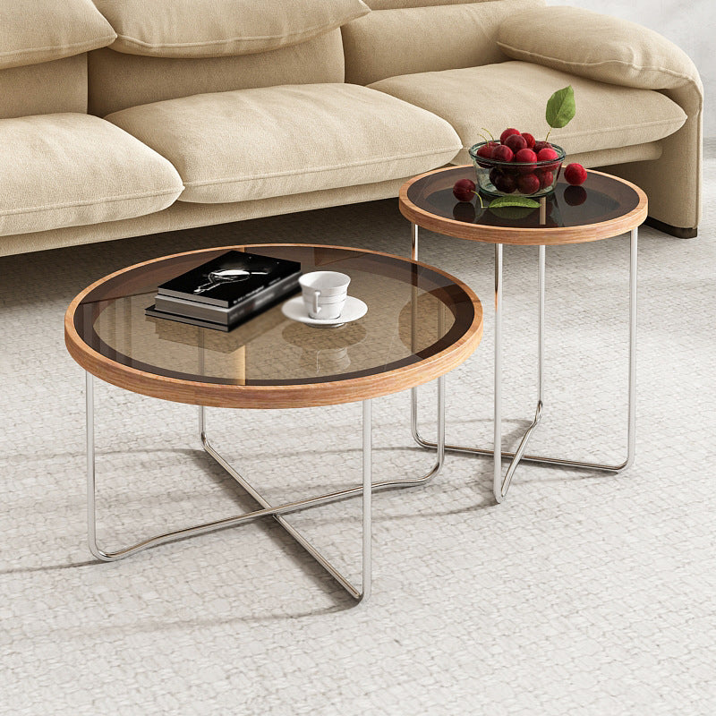 Cross Legs Base Design Cocktail Table Glass Desktop Round Coffee Table with Metal Base
