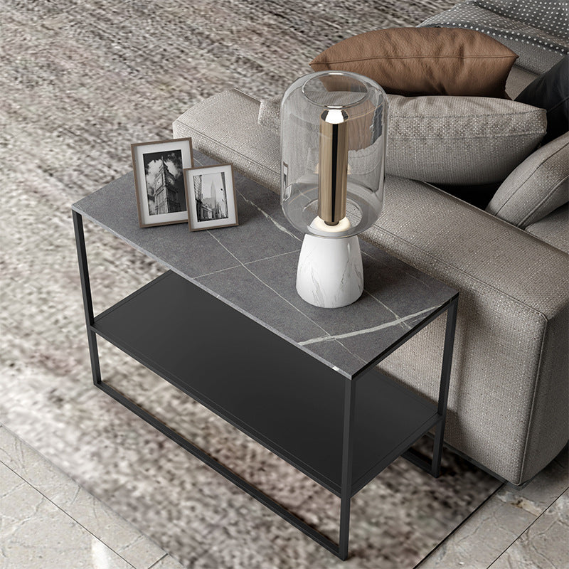 Modern Style Cocktail Table Grey/white/black Rock Slate Top Metal Base Coffee Table