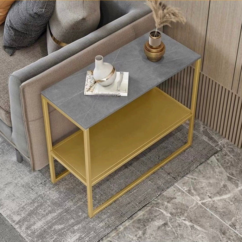 Modern Style Cocktail Table Grey/white/black Rock Slate Top Metal Base Coffee Table