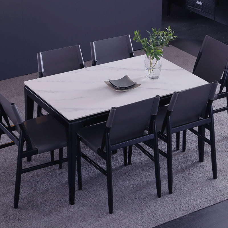 Rectangle 4 Legs Dining Table Mid-Century Modern White Fixed Table of Sintered Stone