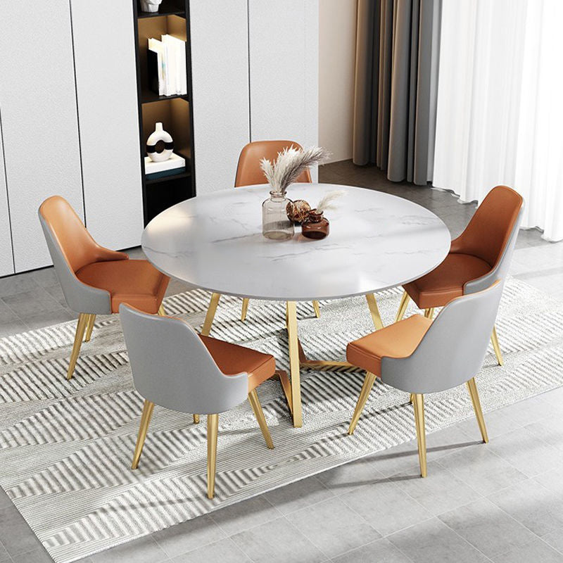 Modern White Stone Dining Table Metal Double Pedestal Table for Kitchen