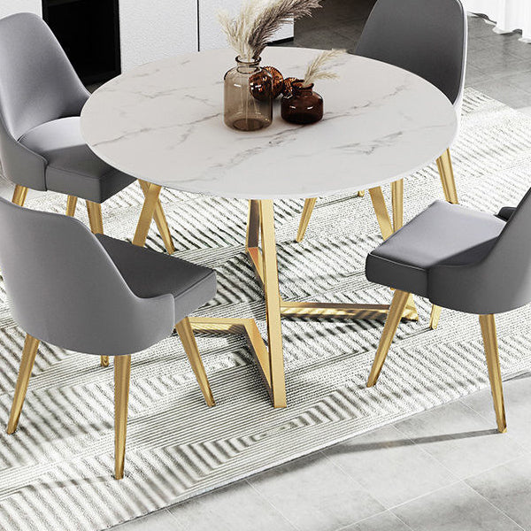 Modern White Stone Dining Table Metal Double Pedestal Table for Kitchen