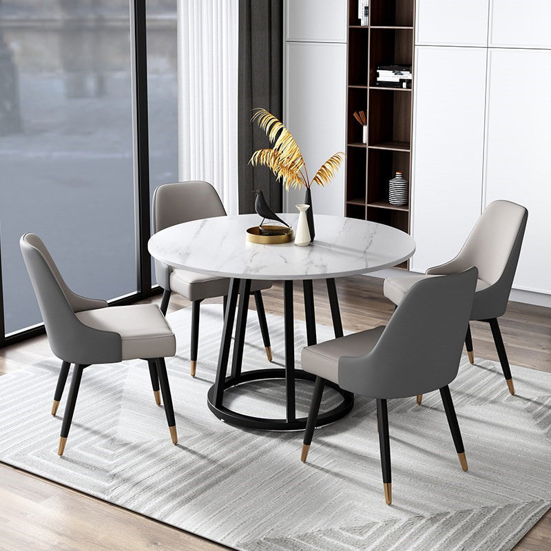 Round Black Iron Base Dining Table Modern Stone Pedestal Table