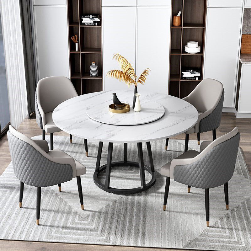 Round Black Iron Base Dining Table Modern Stone Pedestal Table