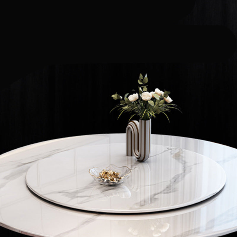 Round Black Iron Base Dining Table Modern Stone Pedestal Table