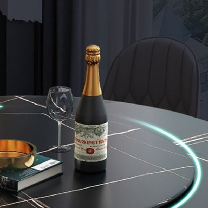 Round Black Iron Base Dining Table Modern Stone Pedestal Table