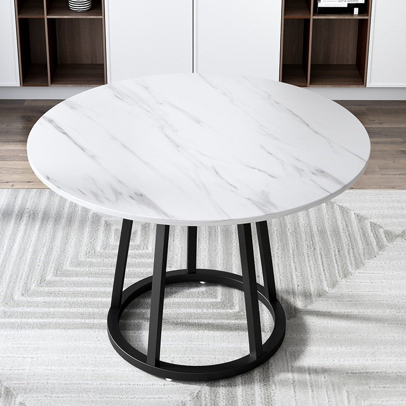 Round Black Iron Base Dining Table Modern Stone Pedestal Table