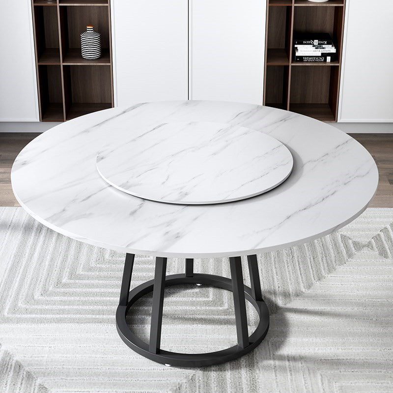 Round Black Iron Base Dining Table Modern Stone Pedestal Table