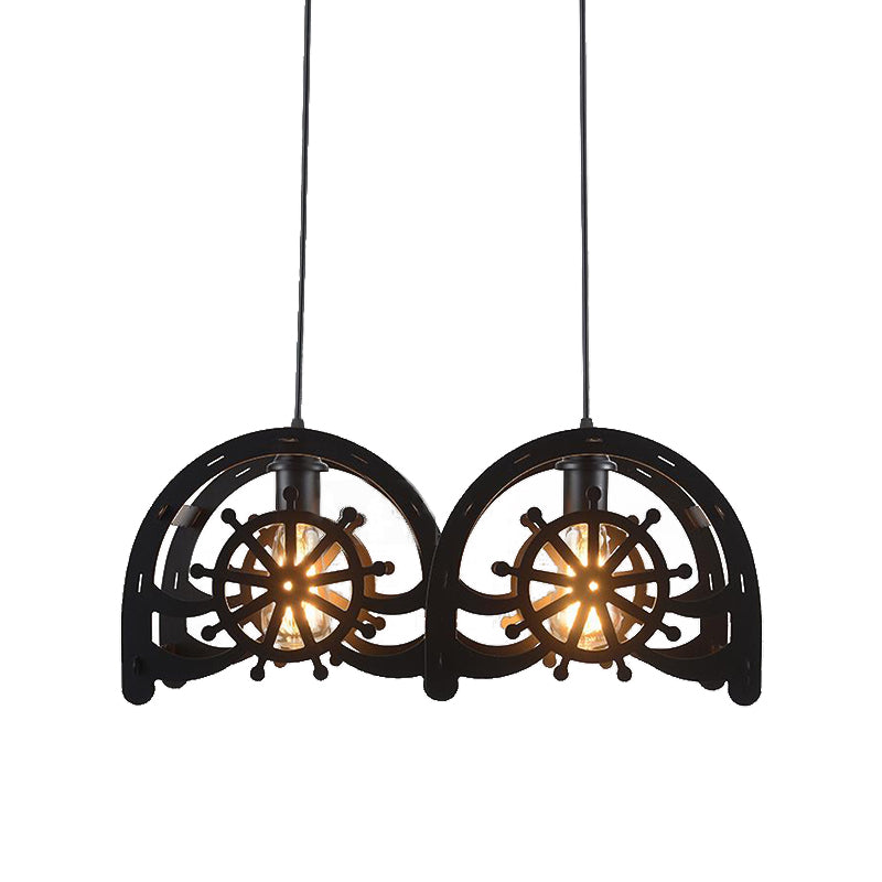 Metal Black Pendant Lamp Wheel Shade 2/3-Light Vintage Chandelier Light Fixture for Living Room