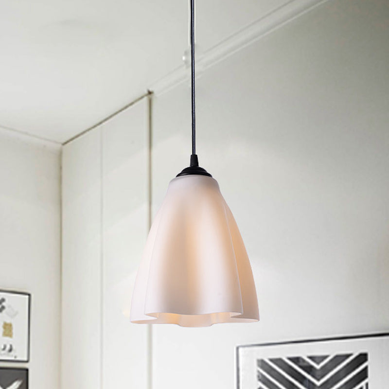 Beige Glass Flower Hanging Light Kit Modernism 1 Bulb Ceiling Lamp Fixture in Black for Dining Room