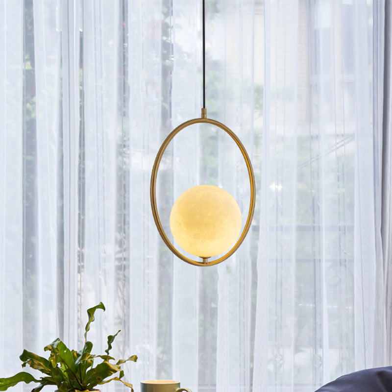 Globe Pendant Lighting Contemporary Frosted White Glass 1 Head Gold Ceiling Lamp with Metal Ring
