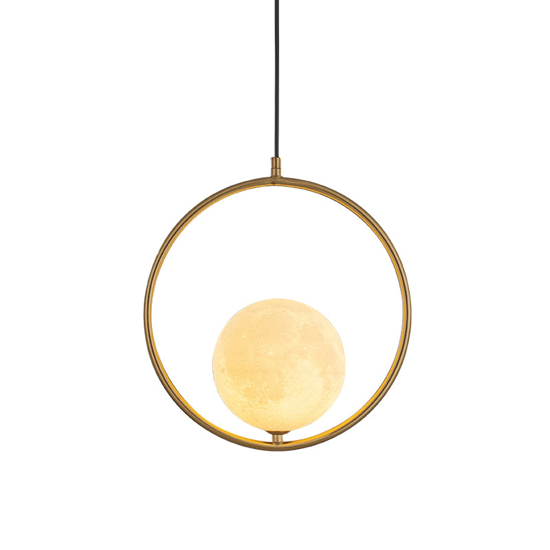 Globe Pendant Lighting Contemporary Frosted White Glass 1 Head Gold Ceiling Lamp with Metal Ring