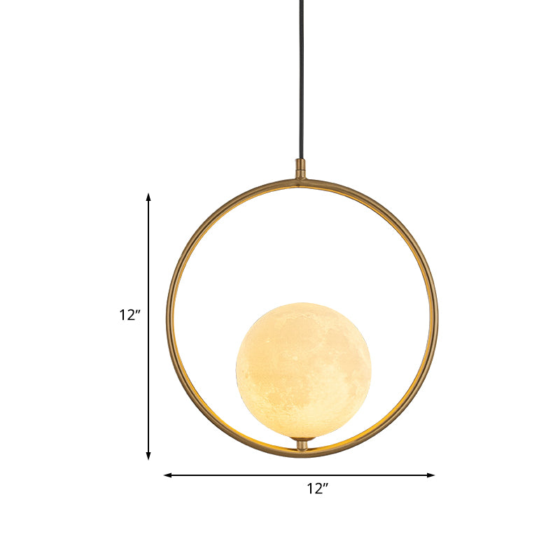 Globe Pendant Lighting Contemporary Frosted White Glass 1 Head Gold Ceiling Lamp with Metal Ring