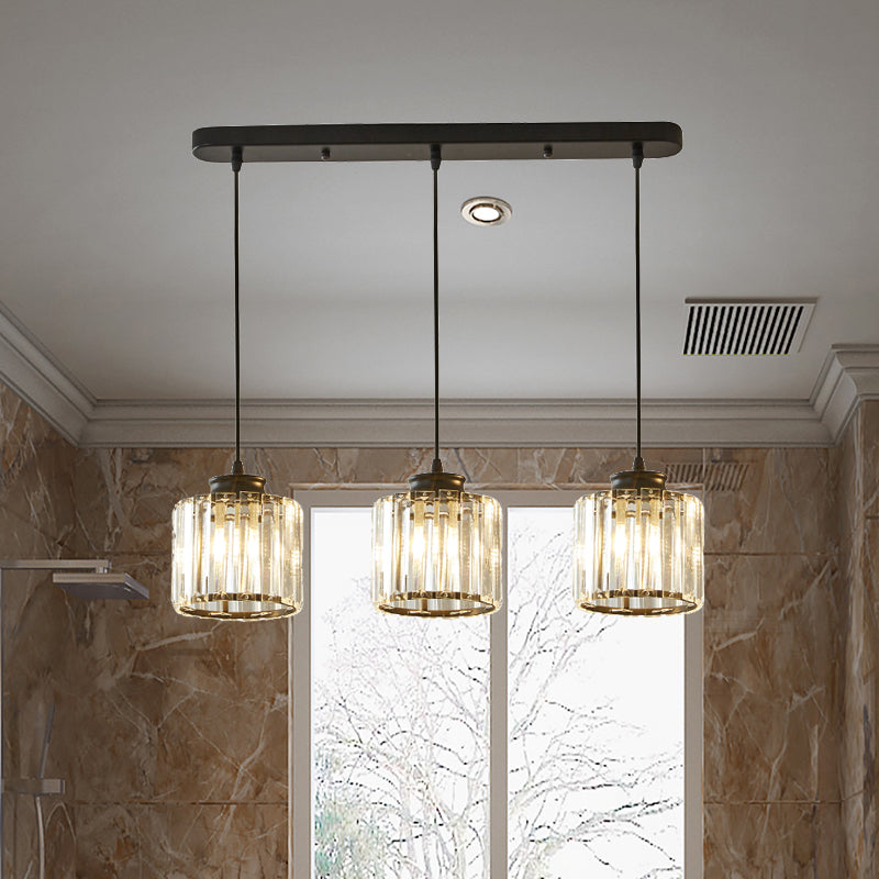 Drum Crystal Multi Light Pendant Modernist 3 Lights Black Ceiling Hang Fixture with Linear/Round Canopy