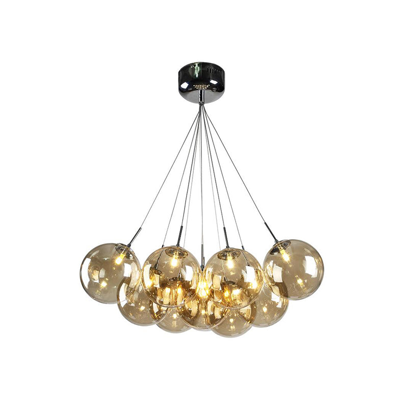10 lumières Livrés Pendard multiclongé moderne lampe à plafond à LED chromé moderne avec une teinte en verre ambre bulle
