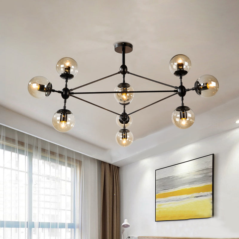 Black Triangle Frame Chandelier Modern 10 Heads Metal Pendant Light Fixture with Globe Cognac Glass Shade