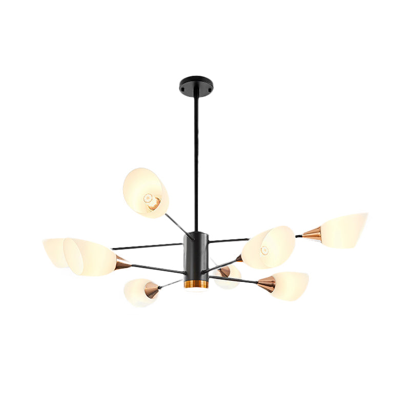 8 Heads Living Room Hanging Chandelier Modernism Black Pendant Light Fixture with Floral Milky Glass Shade