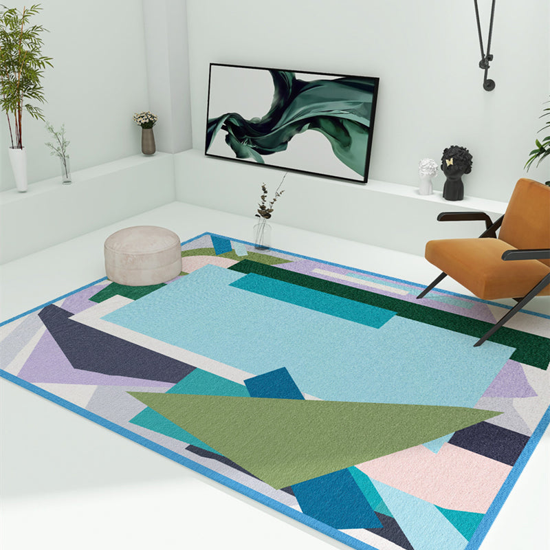 Blue Geometry Print Rug Polyester Contemporary Rug Washable Rug for Home Decor