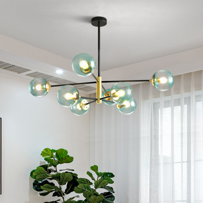 Lampadanismo a pendente a sospensione per soggiorno a 8 luci Modernismo in ottone sospeso con sfera di vetro blu con sfera