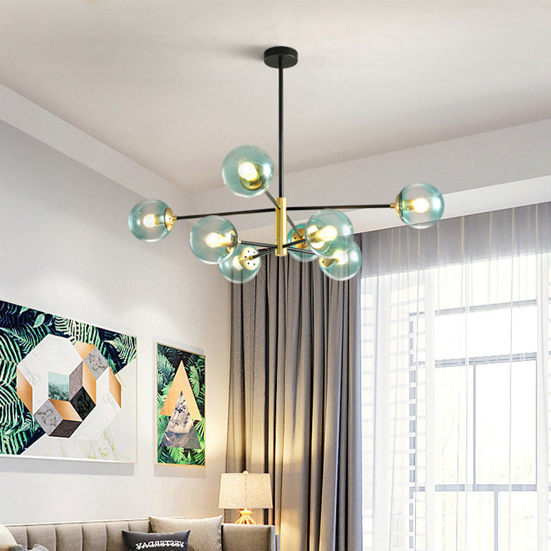 Lampadanismo a pendente a sospensione per soggiorno a 8 luci Modernismo in ottone sospeso con sfera di vetro blu con sfera