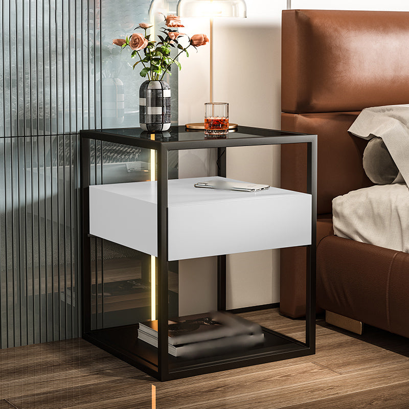 21'' Tall Modern Bed Nightstand Metal Glass Top Drawer Storage 2-shelf Night Table