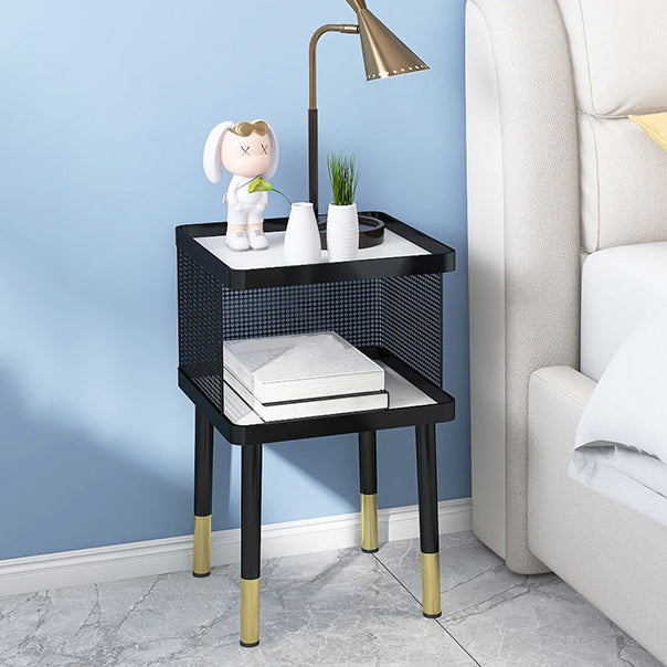 Glam Metal Accent Table Nightstand Stone Top 22'' Tall Open Storage Night Table with Legs