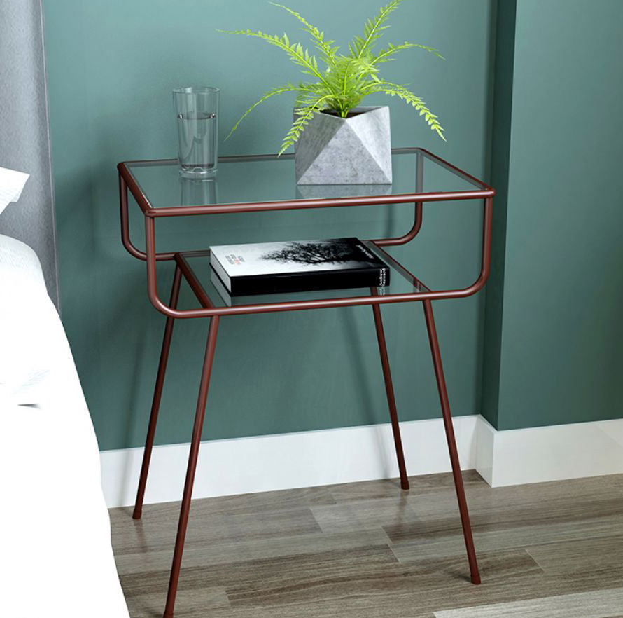 Modern Metal Nightstand 24'' Tall Open Storage Glass Top Night Table with Legs