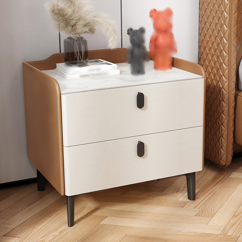18'' Tall Modern Bed Nightstand 2-Drawer Storage Stone Top Oak Night Table