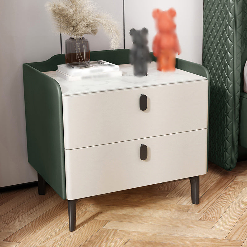 18'' Tall Modern Bed Nightstand 2-Drawer Storage Stone Top Oak Night Table