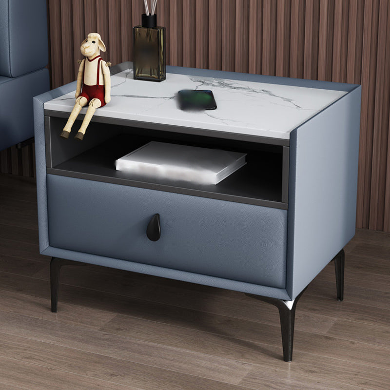 1-Drawer Storage 20'' Tall Nightstand Open Storage Stone Top Solid Wood Night Table