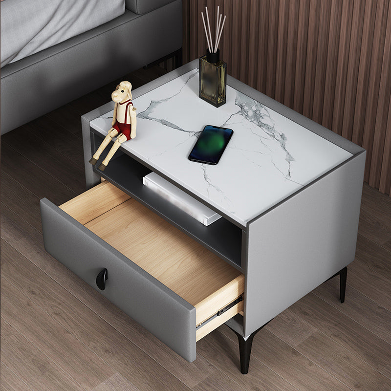 1-Drawer Storage 20'' Tall Nightstand Open Storage Stone Top Solid Wood Night Table