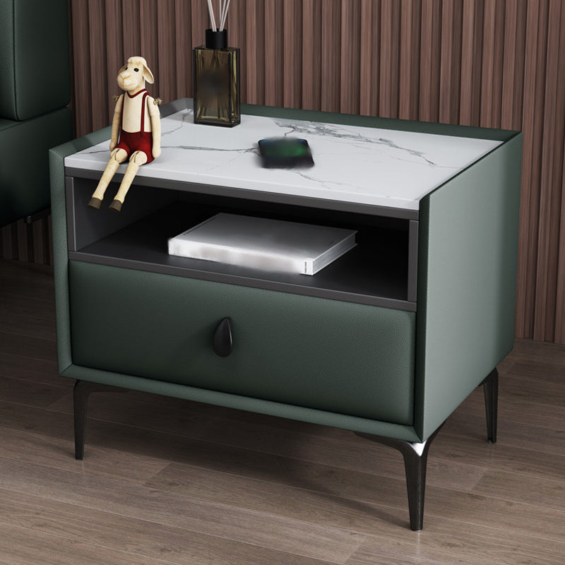 1-Drawer Storage 20'' Tall Nightstand Open Storage Stone Top Solid Wood Night Table