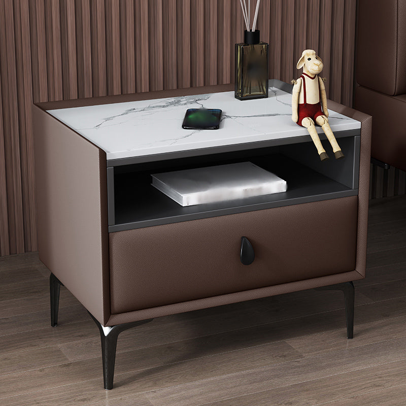 1-Drawer Storage 20'' Tall Nightstand Open Storage Stone Top Solid Wood Night Table