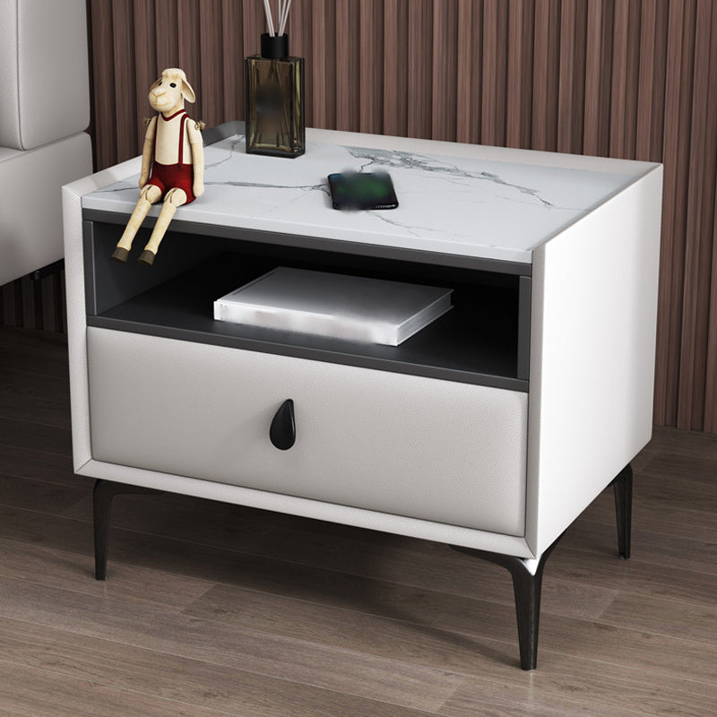 1-Drawer Storage 20'' Tall Nightstand Open Storage Stone Top Solid Wood Night Table