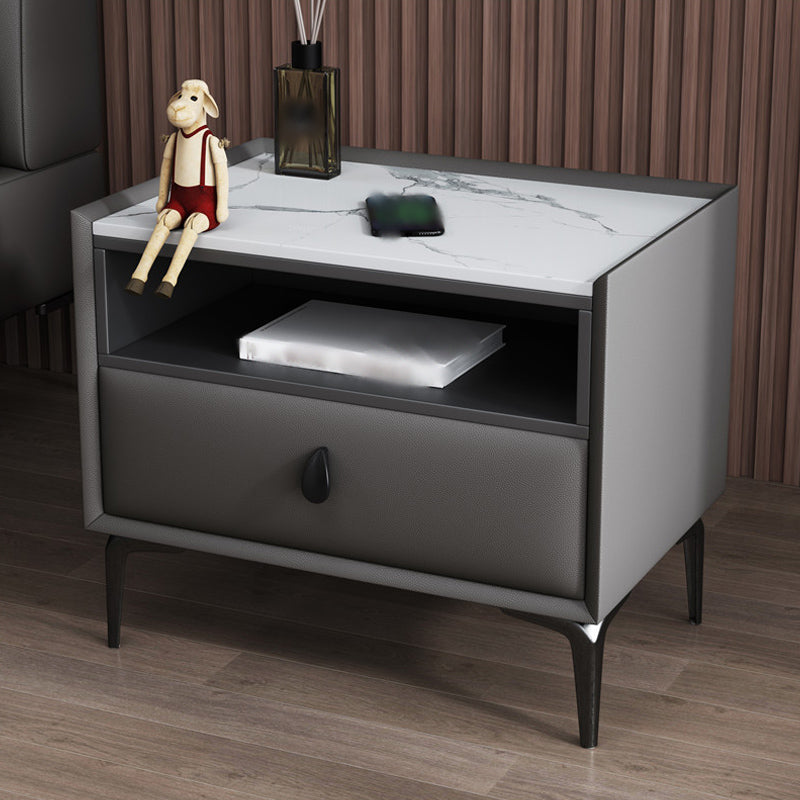 1-Drawer Storage 20'' Tall Nightstand Open Storage Stone Top Solid Wood Night Table