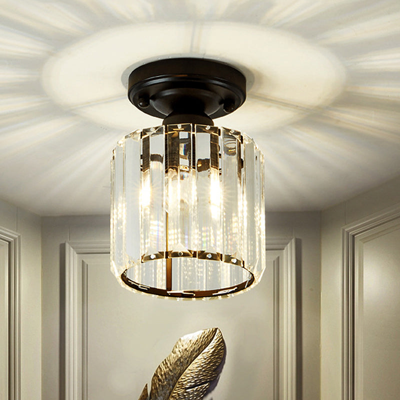 Clear Glass Cylinder Flush Light Fixture Modernist 1-Light Flush Mount Ceiling Lamp in Black for Corridor