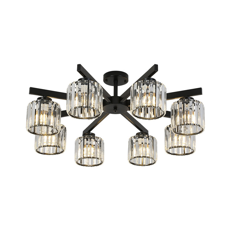 8 Heads Living Room Semi Flush Mount Minimalist Black Close to Ceiling Light with Cylinder Crystal Shade
