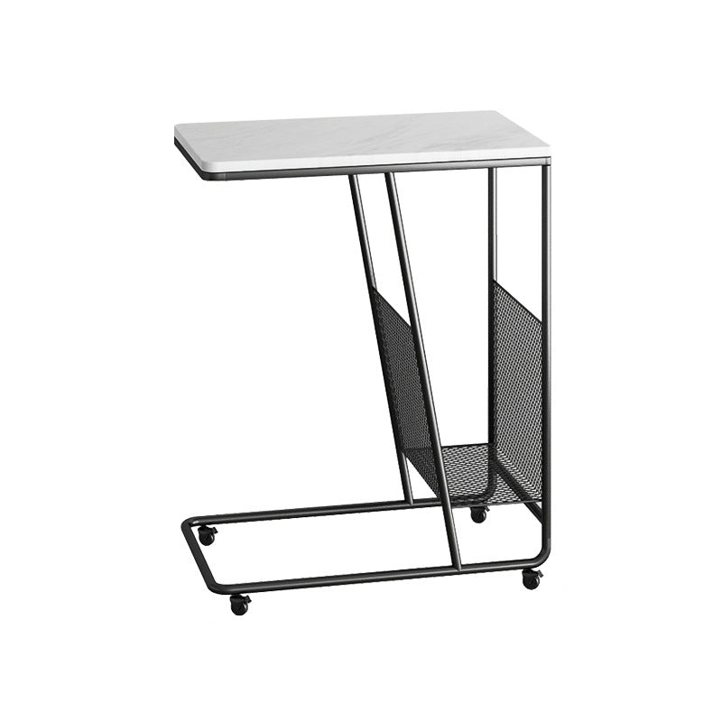 Modern Rectangular Side Table 19.7" x 11.8" x 22.8" Metal/Stone End Table with Casters