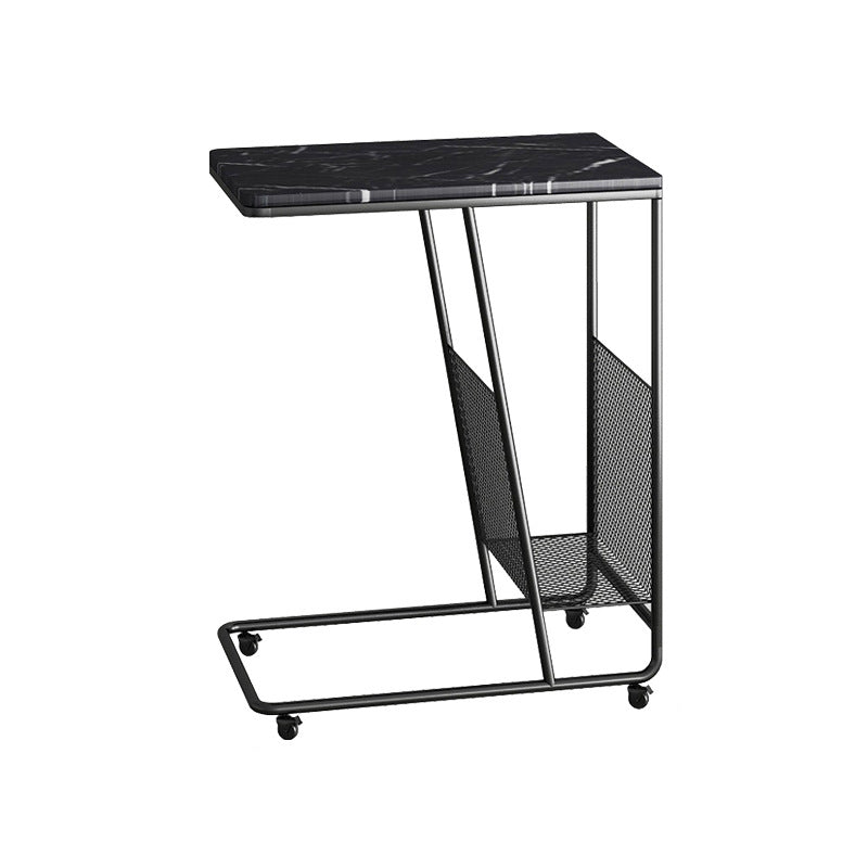 Modern Rectangular Side Table 19.7" x 11.8" x 22.8" Metal/Stone End Table with Casters