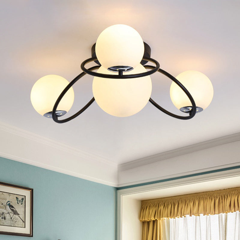 4-Lamp Slaapkamer Flush Verlichting Modernisme Wit/Zwart Plafond Flush Mount met ronde melk glas Shade
