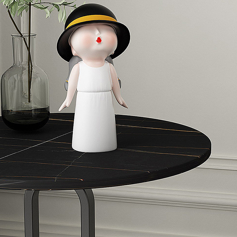 Pedestal Round Stone Side Table 21.65" High Black//White End Table
