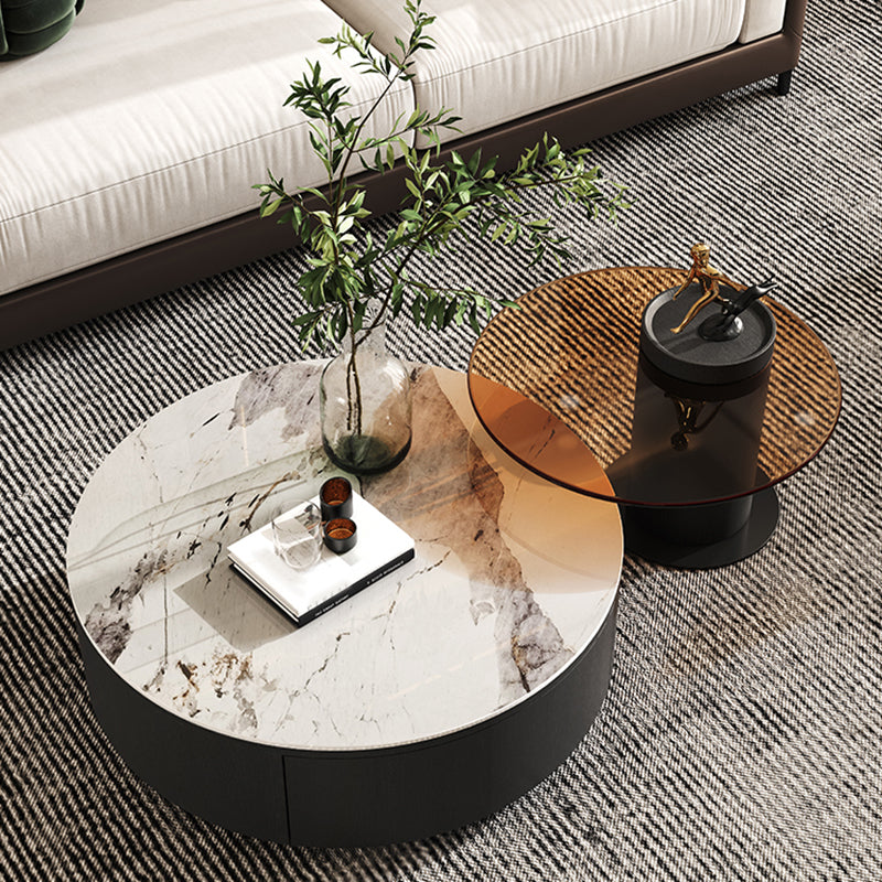 Round White Wood Coffee Table Modern Cocktail Table with Storage
